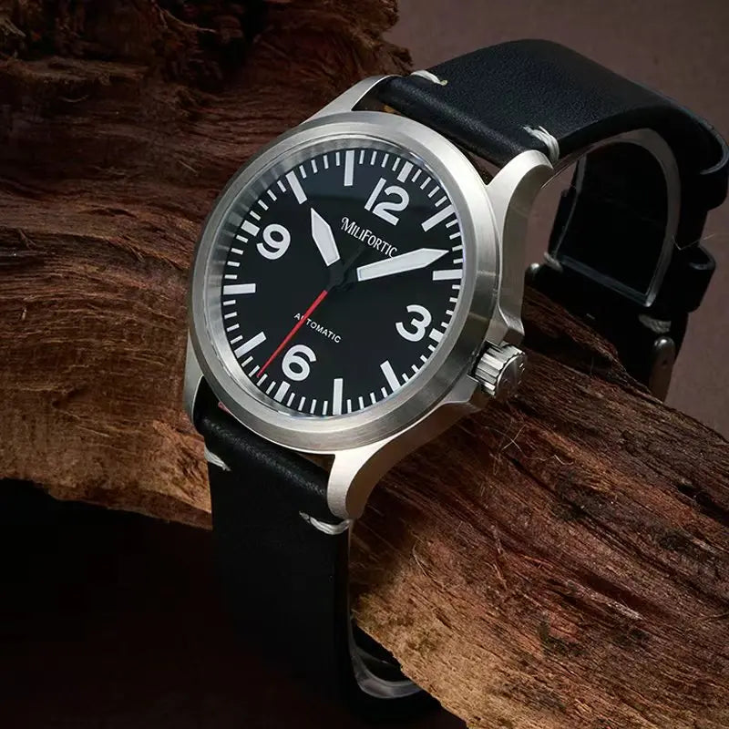 Milifortic Military Watch 39mm NH38 Automatic Mechanical Movement Retro Sapphire Crystal BGW9 Lume Leather Strap 10Bar Watch for Men