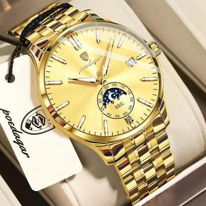 Montre homme de luxe POEDAGAR, style décontracté, en acier inoxydable, à quartz, étanche, lumineuse, avec date, élégante.