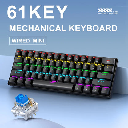 60% Portable Mini Keyboard APAYADO K61 Mechanical Keyboard Wired, 61 Keys RGB Black,White, Red/Blue Switch for Gaming