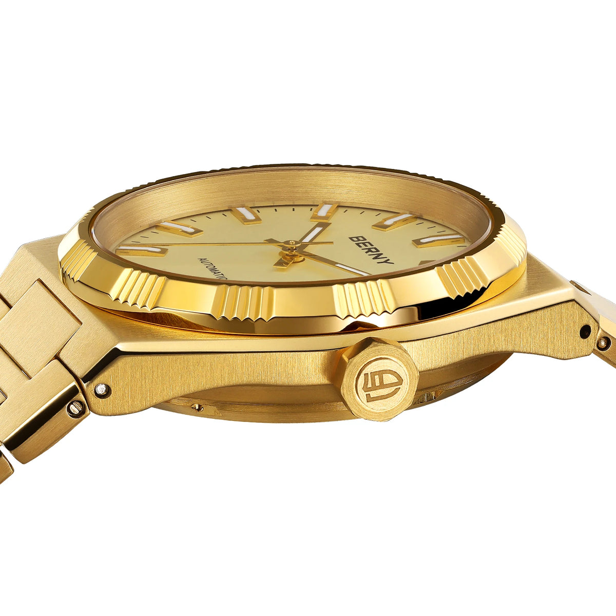 Relógio automático para homem BERNY, dourado, vidro de safira, ponteiros luminescentes, 100 % original, equipado com um movimento PT5000, revestimento antirreflexo, modelo de luxo com luneta intercambiável, estanque até 5 ATM.