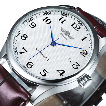 Montre classique pour homme – Style rétro avec calendrier et aiguilles bleues, mouvement mécanique automatique, marque de prestige, boîtier en acier et bracelet en cuir