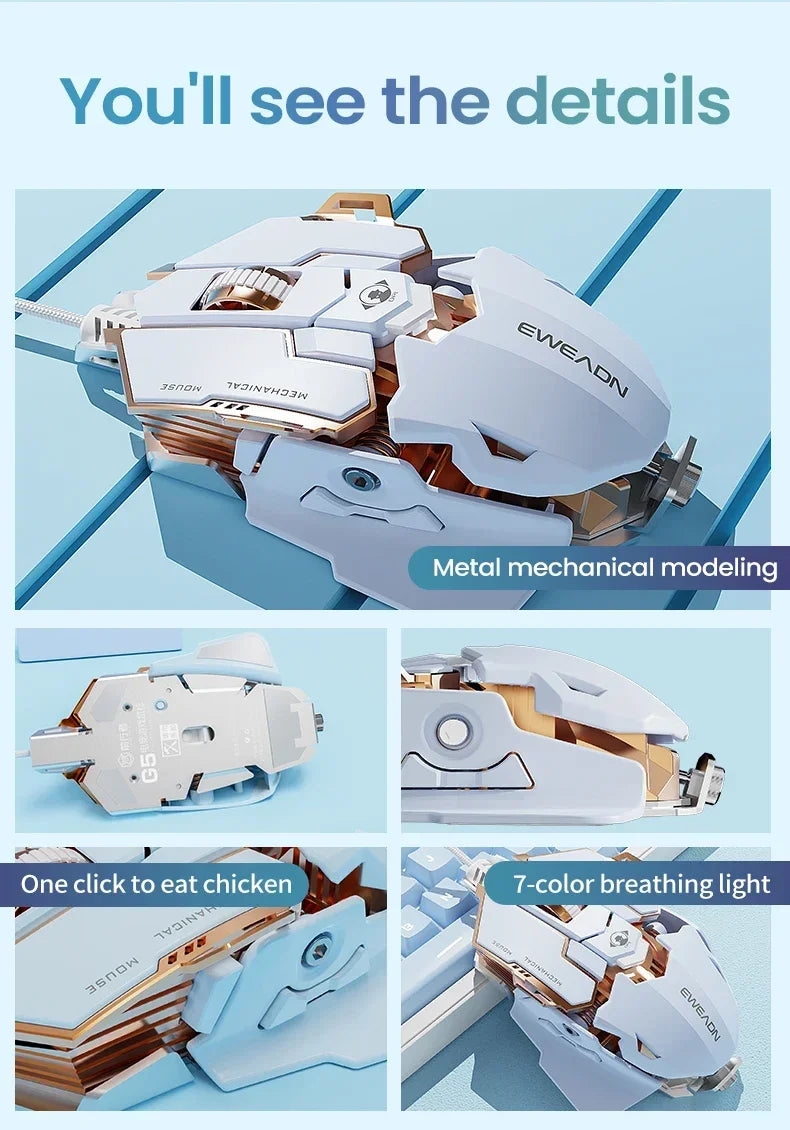 Mouse gaming cablato e-sport meccanico G5 RGB 9 pulsanti con programmazione macro, silenzioso, 12800 DPI per computer desktop e laptop