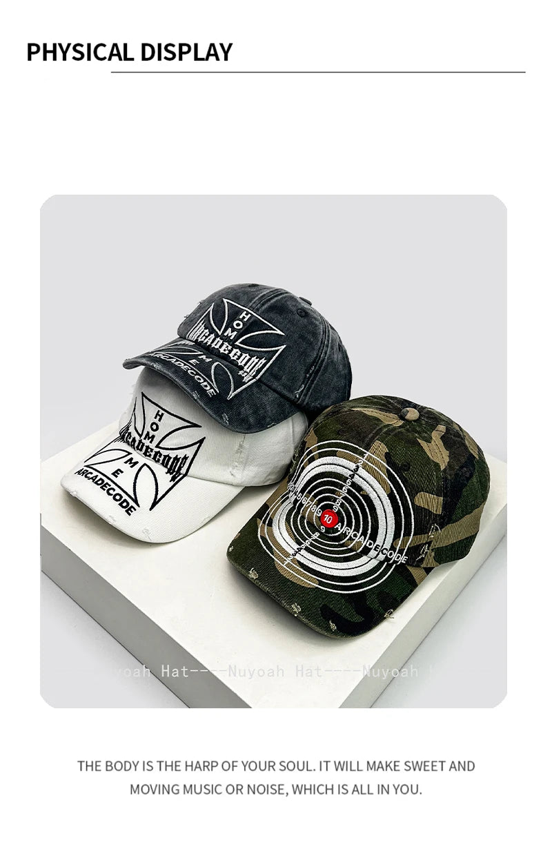 Unisex-baseballkasketter i brudt stil med broderet bull's-eye-kors, solskærm, personlige og alsidige kasketter med skygge, street fashion, hiphop