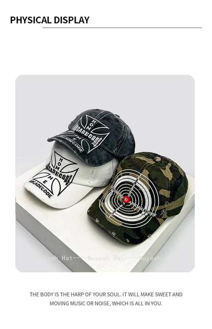 Unisex-baseballkasketter i brudt stil med broderet bull's-eye-kors, solskærm, personlige og alsidige kasketter med skygge, street fashion, hiphop