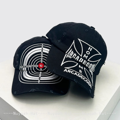 Unisex-baseballkasketter i brudt stil med broderet bull's-eye-kors, solskærm, personlige og alsidige kasketter med skygge, street fashion, hiphop