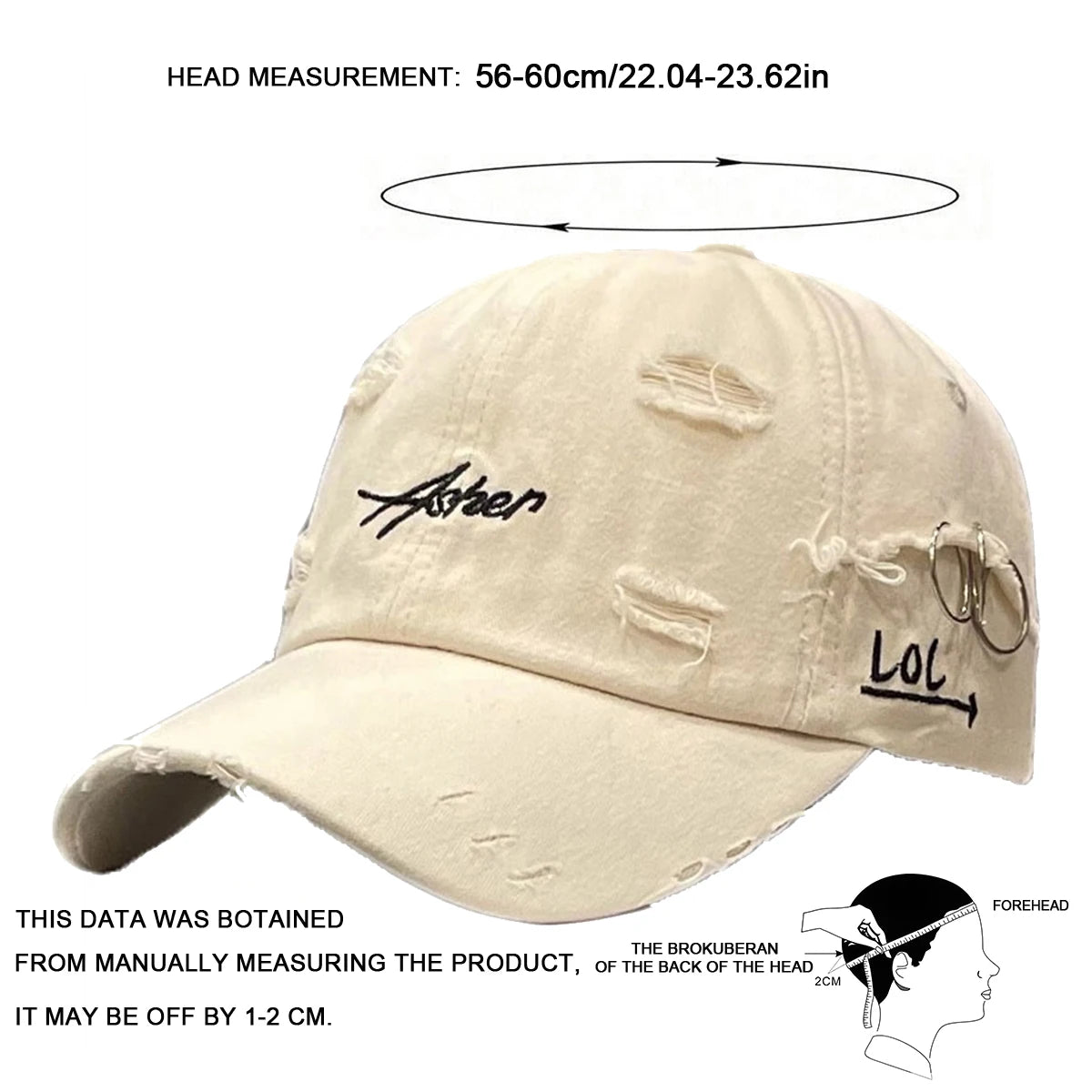 Gorra de béisbol unisex Asher con bordado, agujeros y aro de hierro, ajustable, para actividades al aire libre, primavera y otoño, informal, con protección solar