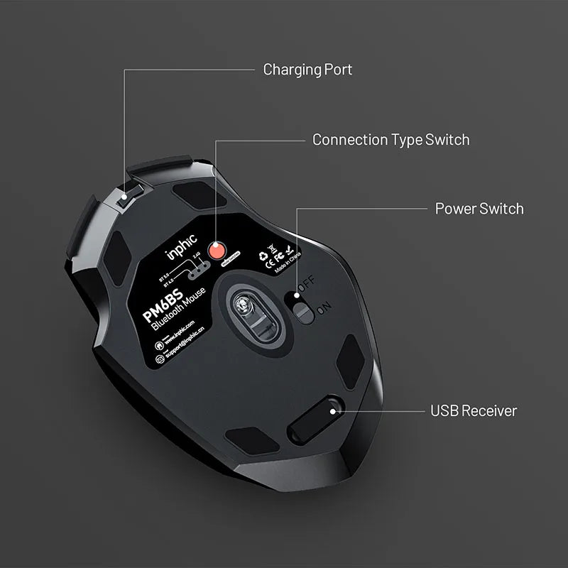 INPHIC PM6BS, 3 Modes Bluetooth 5.0&4.0 Wireless 2.4G Rechargeable Wireless Mouse with 6 Buttons, Ergonomic for Laptop, Mac, PC