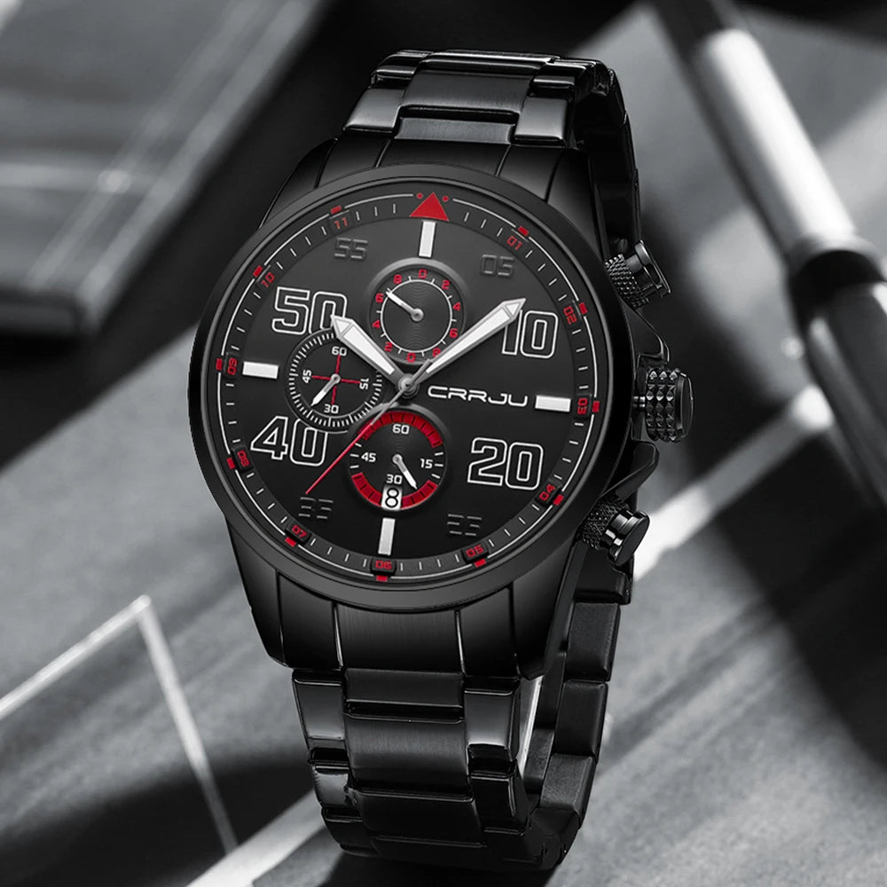 Pánske hodinky CRRJU – luxusný chronograf, veľký ciferník, nerezová oceľ, vodotesné, s ukazovateľom dátumu
