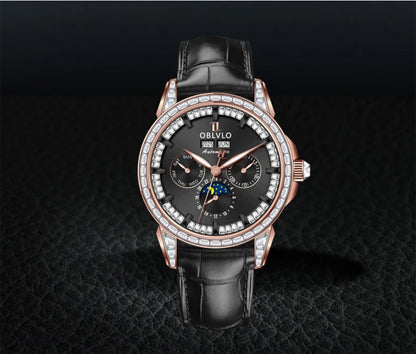 OBLVLO Men's Automatic Watch 40mm Mechanical Wristwatch 5ATM Luminous Crystal Bezel Year, Month, Week, Date, 24 Hours TY1655 Movement
