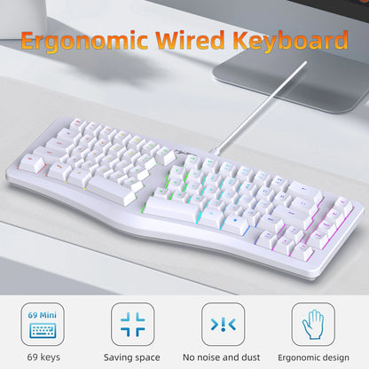 69 Key Wired Ergonomic Gaming Keyboard Keyboard Silent Irregular RGB Backlit Keyboard for Windows Linux Home Office Game PC