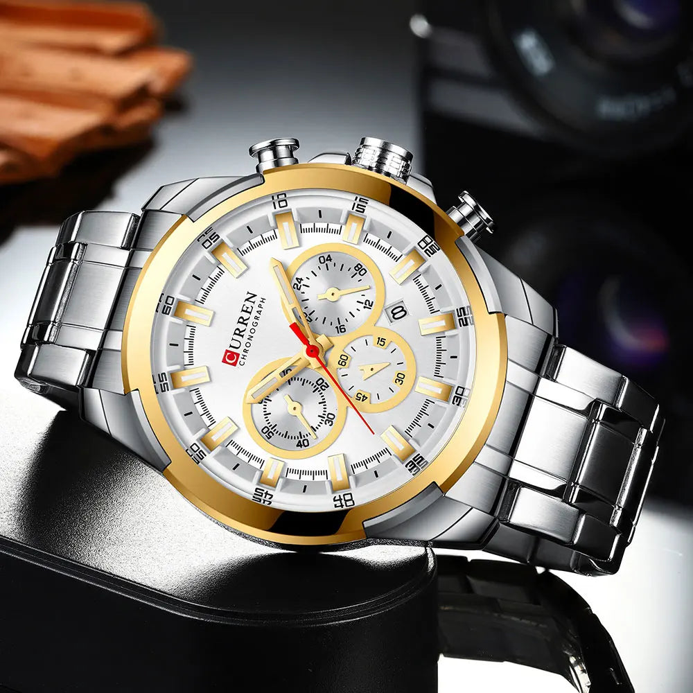 Montre chronographe pour homme CURREN, grand cadran de 48 mm, bracelet en acier inoxydable, trois sous-cadrans, montre-bracelet de sport à quartz, style luxueux