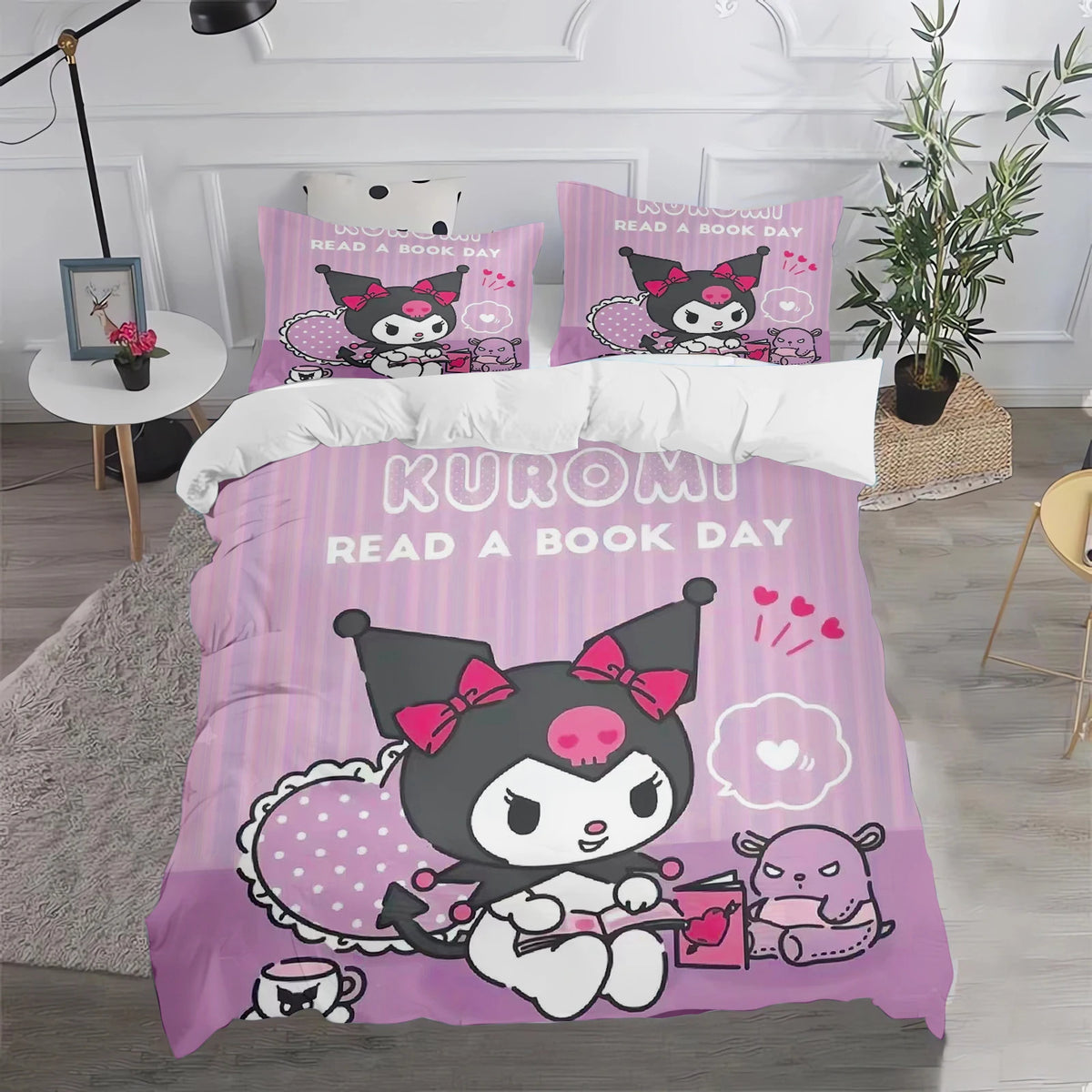 Ensemble de literie Kuromi : housse de couette et taie d'oreiller mignonnes, pour chambre d'enfant (garçon ou fille), décoration de chambre, cadeau pour enfants, taille simple, double ou grande