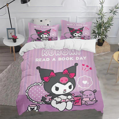 Ensemble de literie Kuromi : housse de couette et taie d'oreiller mignonnes, pour chambre d'enfant (garçon ou fille), décoration de chambre, cadeau pour enfants, taille simple, double ou grande