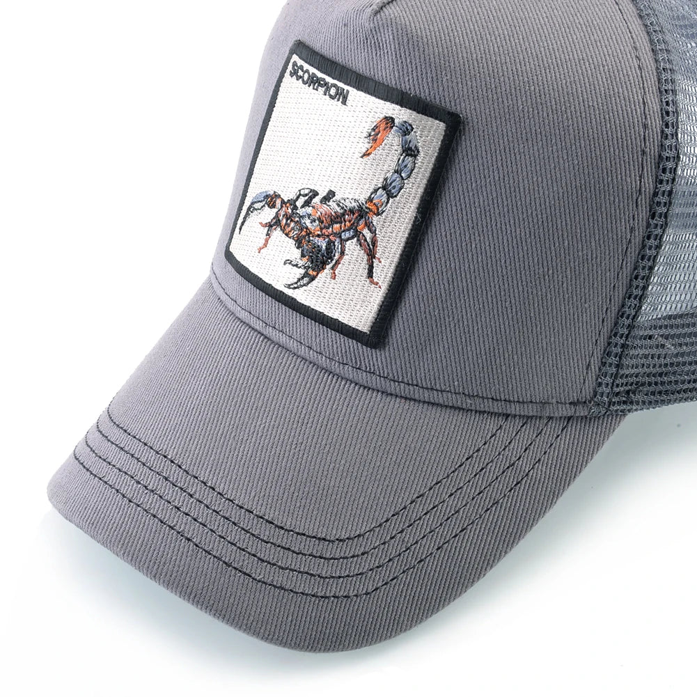 Unisex-trucker-lippalakki, jossa on brodeerattu skorpionimerkki. Miesten baseball-lippalakki, naisten snapback-lippalakki, hiphop-lippalakki, ulkoiluun sopiva hengittävä lippalakki