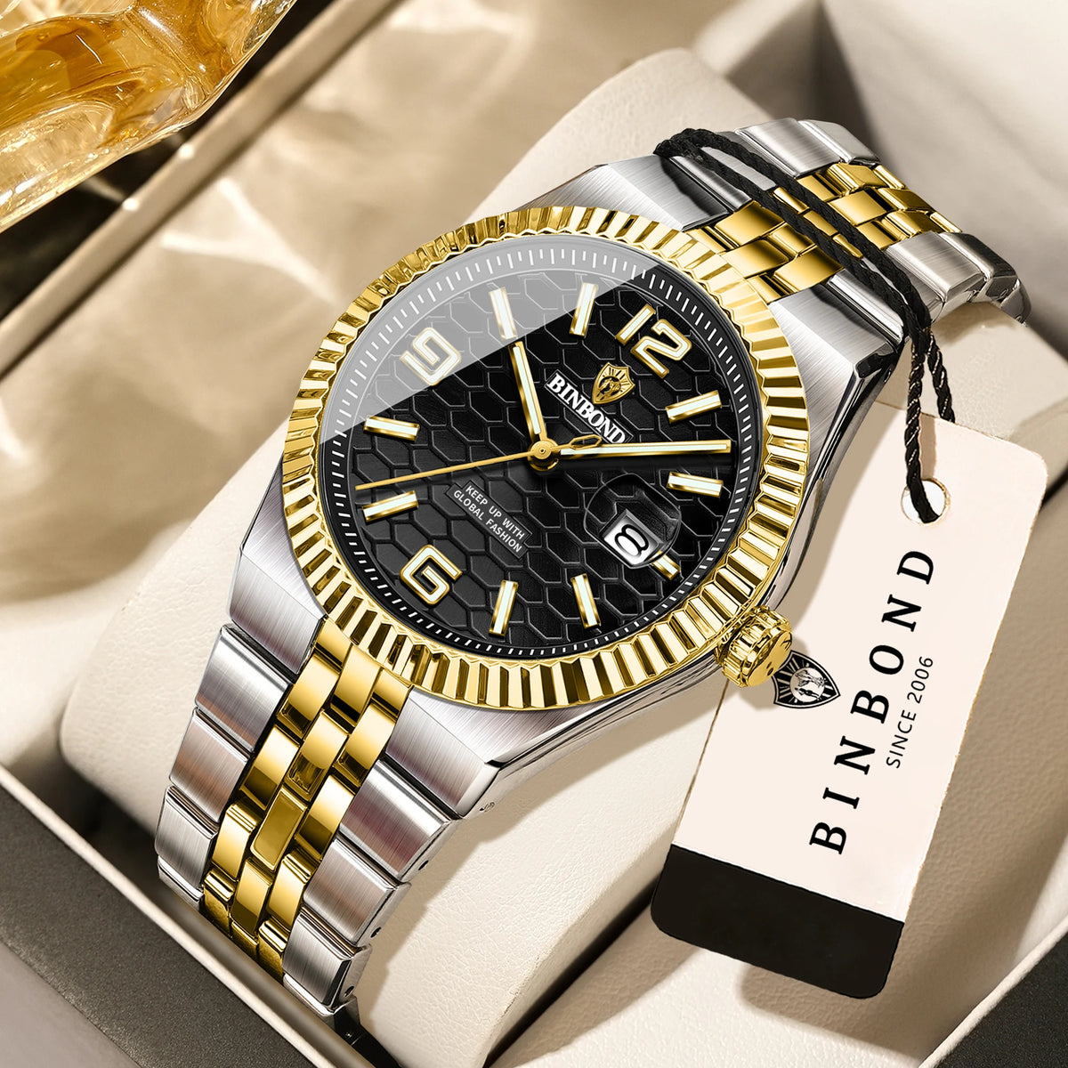 BINBOND luxury quartz wristwatch, luminous, water-resistant, automatic date, for men, stainless steel, business, sport, fashion and casual styles.