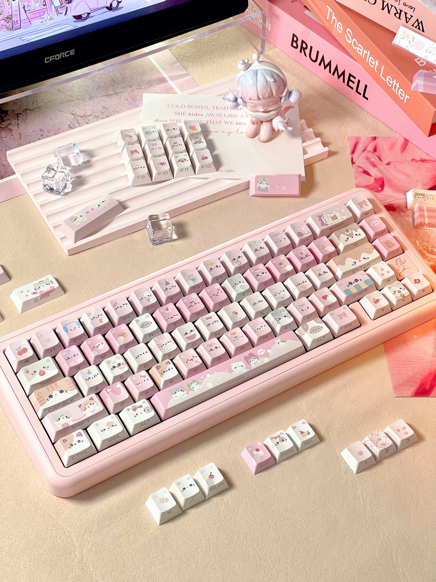 Pink Meow Keycaps Cute Cat Head MAO Cherry Profile PBT Key Cap For Gift Mechanical Keyboard KeyCap Keyboards Accessories