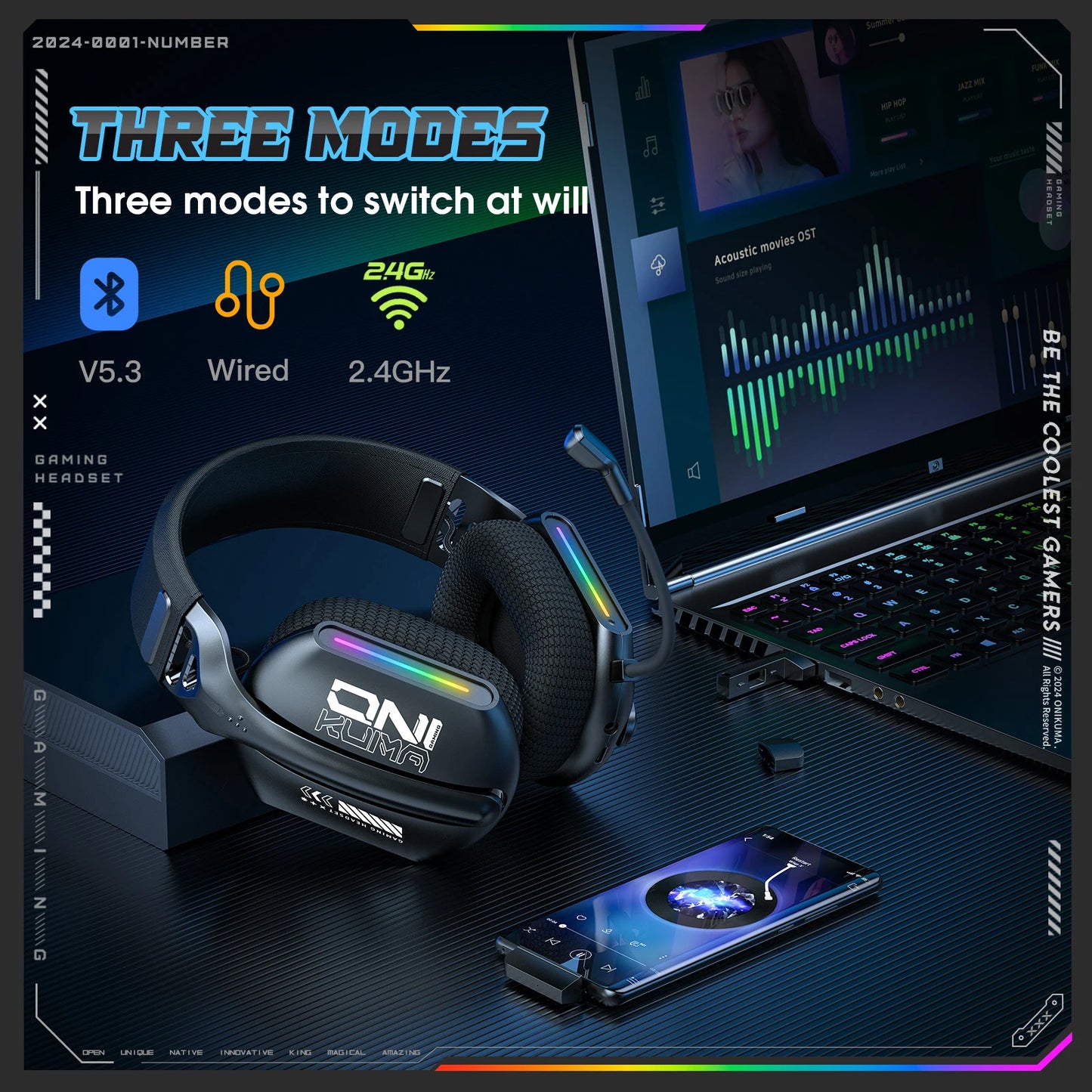 Onikuma GT808 Kabelloses Gaming-Headset RGB – Bluetooth 5.3, 2.4GHz & 3.5mm Gaming-Kopfhörer mit Mikrofon