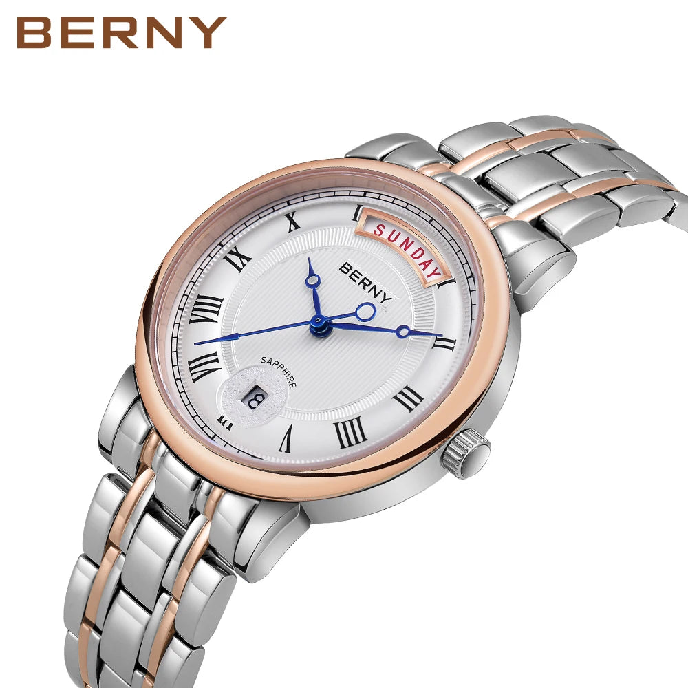 BERNY Women Watch Ladies Quartz Roman Numerals Day Top Calendar Watches Sapphire Glass Solid Steel Strap Women Wristwatch