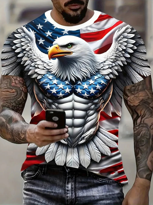 Patriottisch 3D-T-shirt voor heren met adelaarprint, casual ronde hals, korte mouwen, pullover voor zomerse mode en outdooractiviteiten, herenkleding