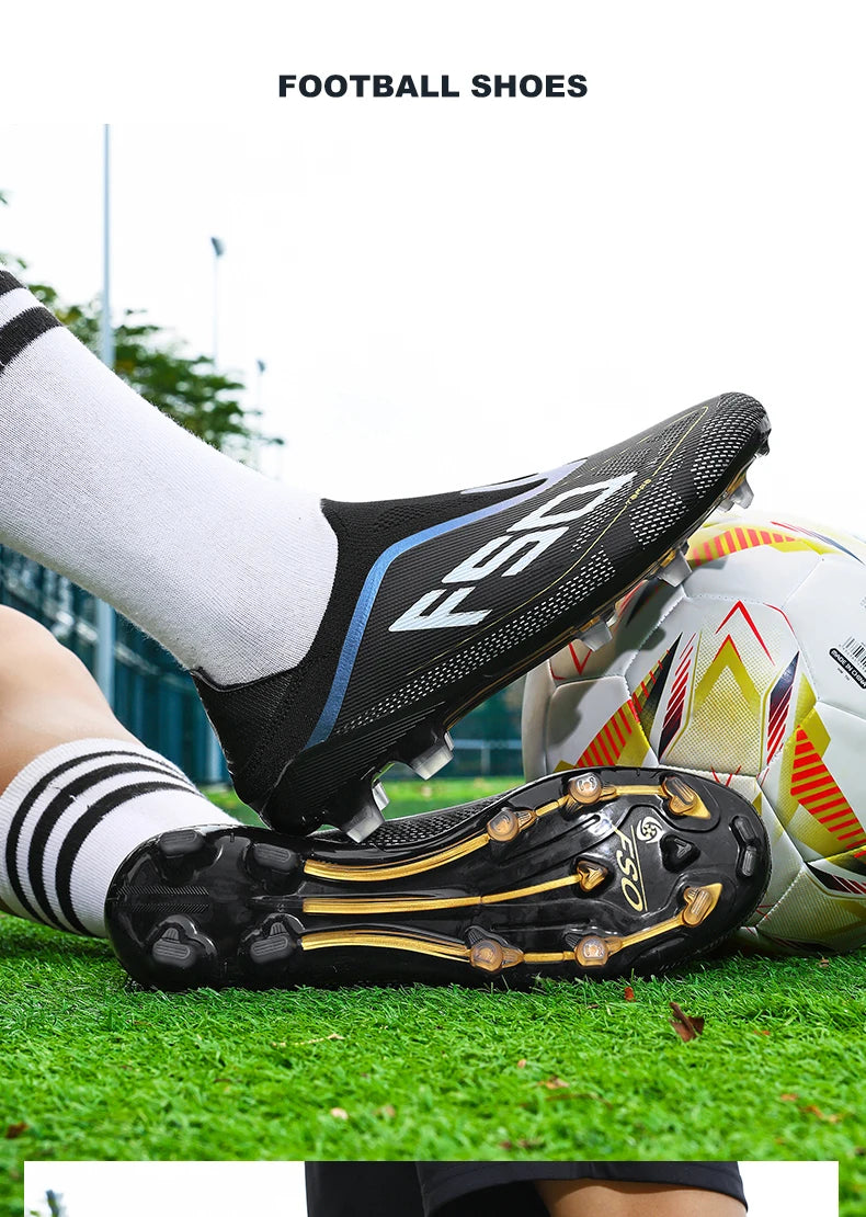 Novas chuteiras de futebol para homem, sapatilhas de futsal para exterior, jogo em relva, antiderrapantes, calçado de futebol de alta qualidade com pitões, best-seller, cano alto, leve