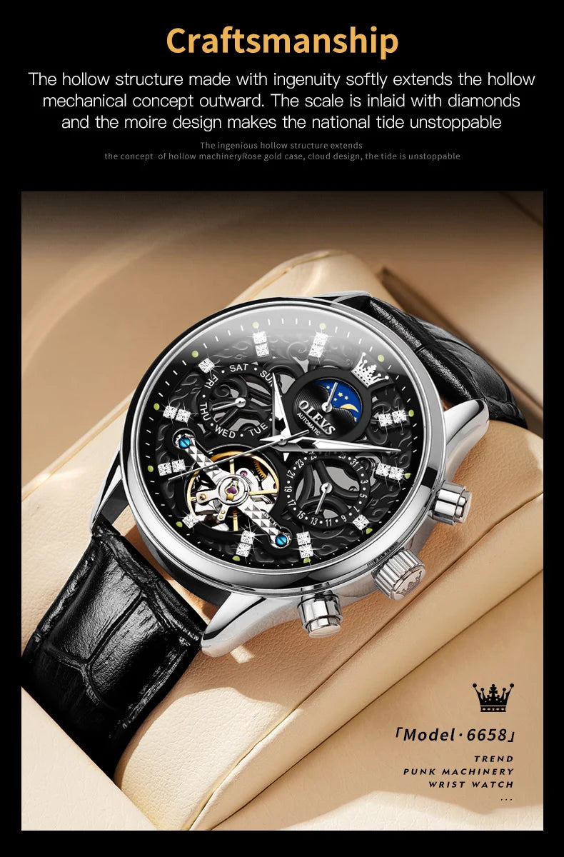 OLEVS 6658 Automatic Mechanical Watch for Man Leather Strap Waterproof Moon Phase Business Dress Men's Watches