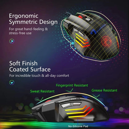 Mouse da gaming cablato per gamer, mouse per computer ergonomico con retroilluminazione RGB silenziosa, LED, 7 pulsanti, USB, per PC desktop