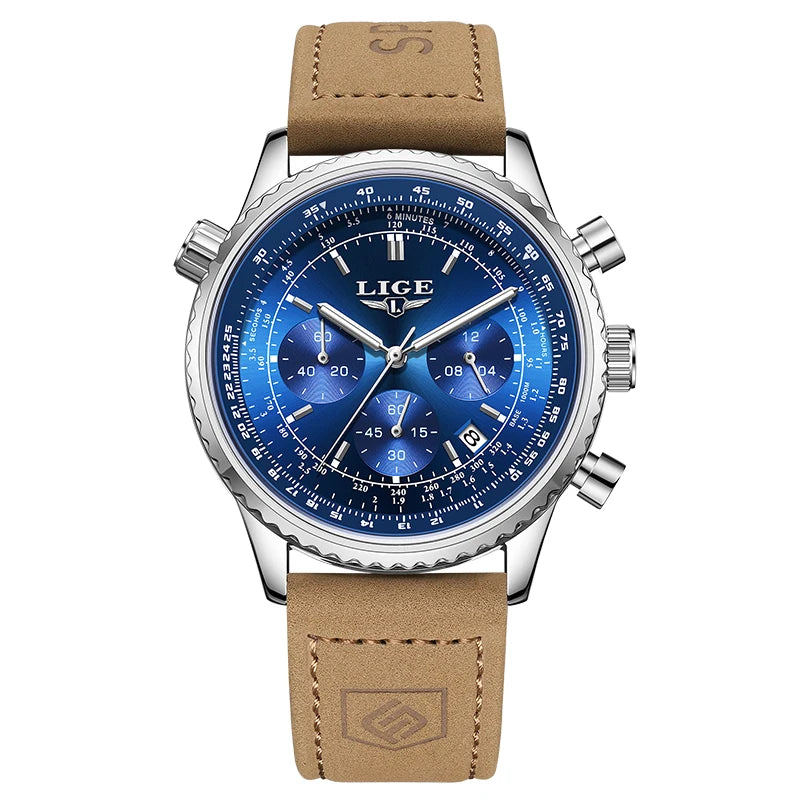 LIGE luxury men’s watch – Chronograph with date, stainless steel, water-resistant, luminescent, sporty and military style, men’s quartz watch