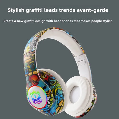 Auscultadores Gaming Bluetooth Sem Fios New Graffiti LX-8686 com Microfone, Iluminação LED, Suporte para Cartão TF, Graves Profundos e Design Over-Ear para PC, Gaming e Crianças