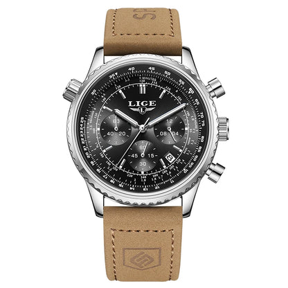 LIGE luxury men’s watch – Chronograph with date, stainless steel, water-resistant, luminescent, sporty and military style, men’s quartz watch