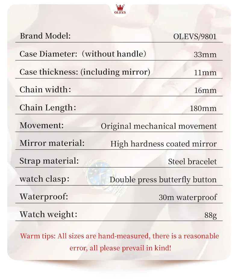 OLEVS 9801 Womens Watch Luxury Fashion Waterproof  Automatic Mechanical Watch Stainless Steel Diamond Date Ladies Watch Set