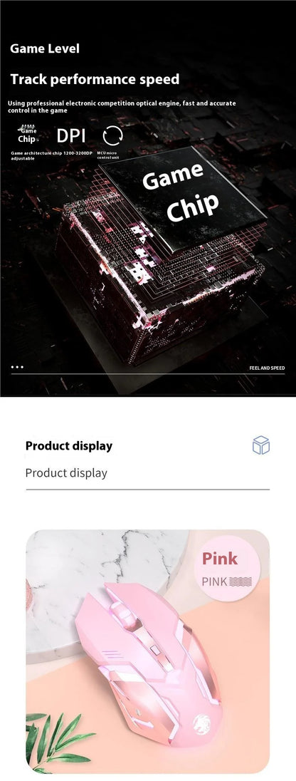 Ratón gaming Frontline rosa con cable, silencioso, mecánico, esports, inalámbrico Bluetooth para oficina, ordenador, diseño atractivo y estilo cute para chica