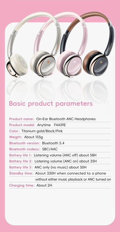 FiiO ANYTIME Bluetooth 5.4 Wireless Headphone Noise Cancelling Bluetooth Earphones Hi-Res Wireless Over-Ear Headphones with mic