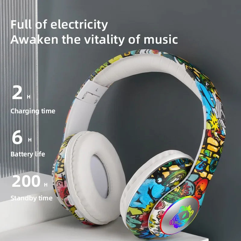 Auscultadores Gaming Bluetooth Sem Fios New Graffiti LX-8686 com Microfone, Iluminação LED, Suporte para Cartão TF, Graves Profundos e Design Over-Ear para PC, Gaming e Crianças