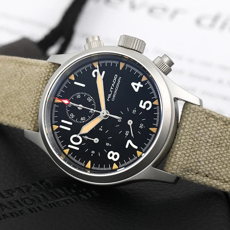 Reloj cronógrafo de cuarzo Militado VK61 VK67, 39 mm, caja de acero inoxidable 316L, 3 esferas, resistente al agua 100M, reloj militar multifunción