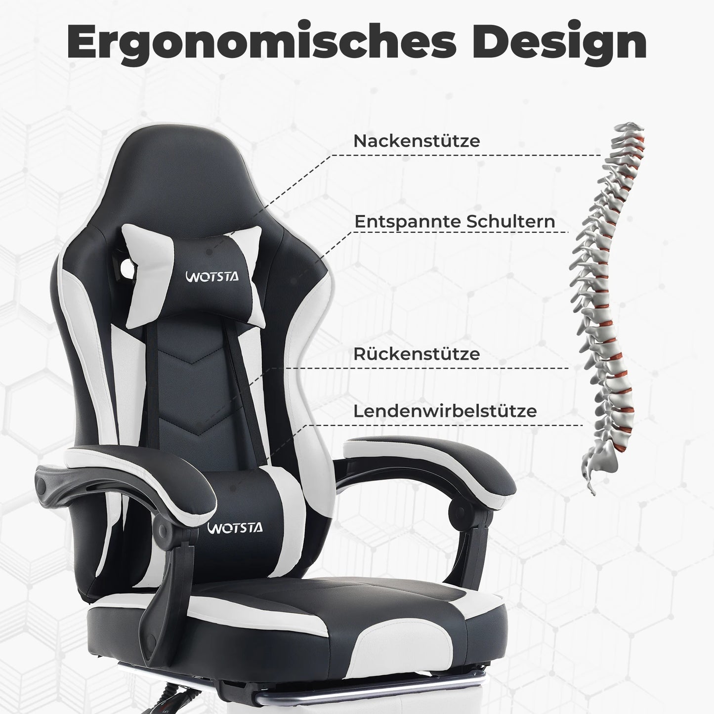 Cadeira Gaming WOTSTA com Apoio para Pés, Cadeira Gamer Ergonómica com Almofada Lombar, Apoio de Cabeça e Altura Ajustável para Computador