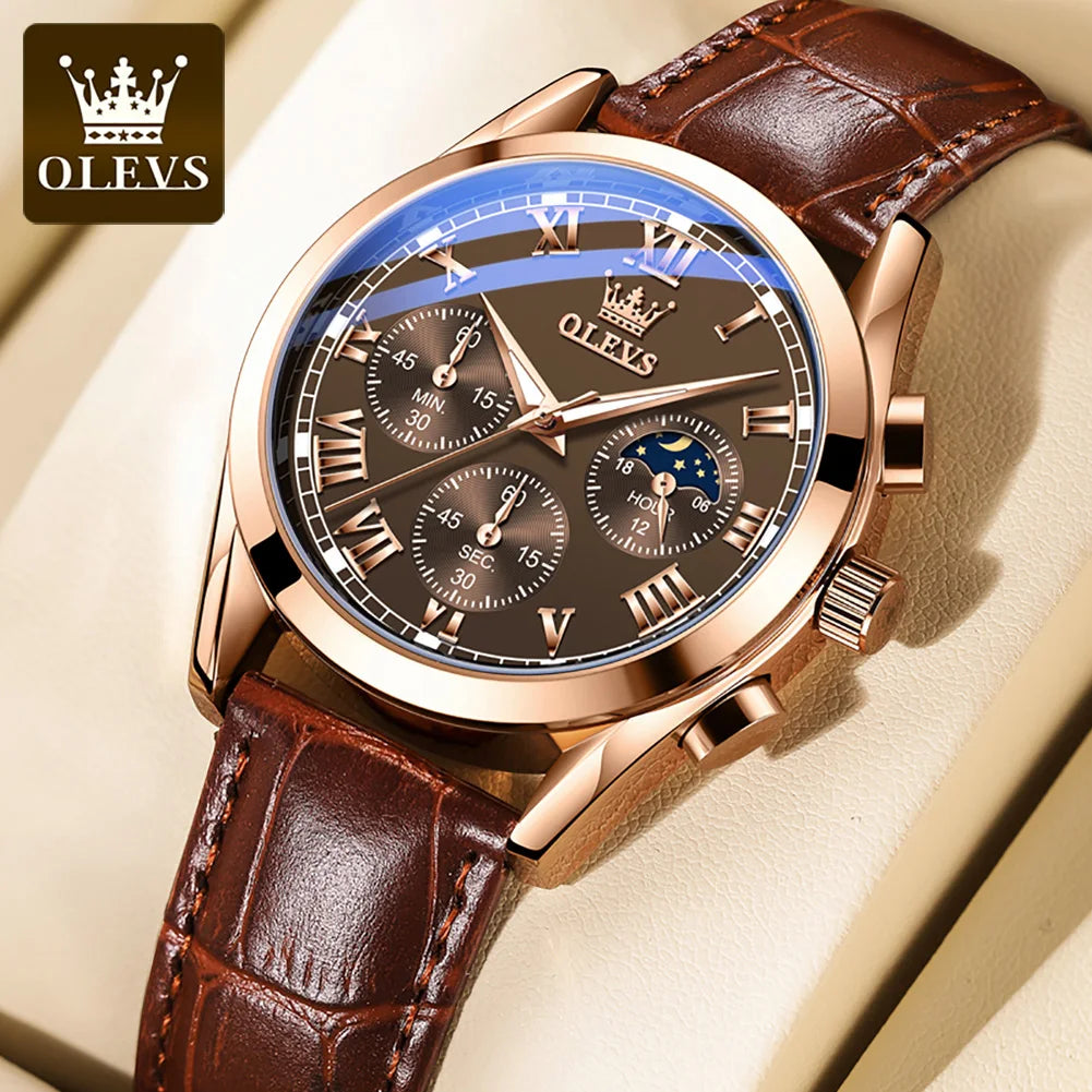 Montre à quartz pour homme OLEVS 2871 – Modèle de grande marque, étanche, style business, avec affichage des phases de lune, aiguilles luminescentes et bracelet en cuir.