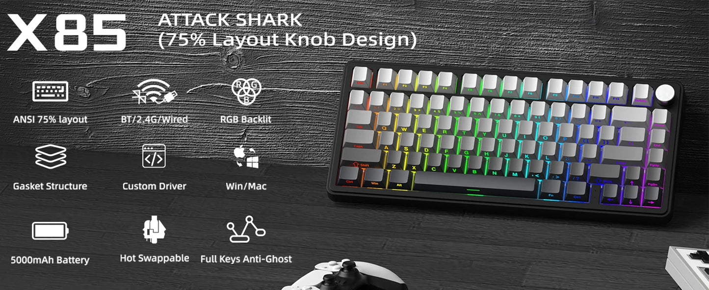 Teclado mecánico ATTACK SHARK X85 Tri-mode Gasket 75% con perilla CNC, acolchado de 5 capas, hot-swappable, retroiluminación RGB y NKRO