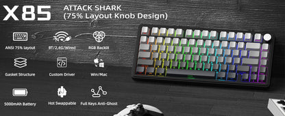 Teclado mecánico ATTACK SHARK X85 Tri-mode Gasket 75% con perilla CNC, acolchado de 5 capas, hot-swappable, retroiluminación RGB y NKRO