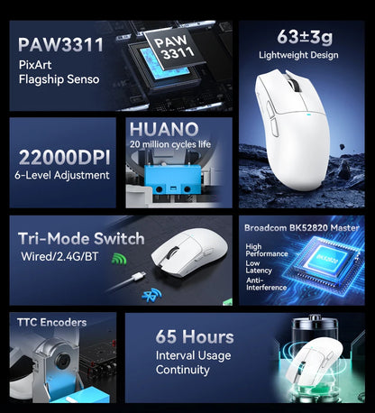 Ratón gaming inalámbrico ATTACK SHARK X11SE, trimodo, superligero de 63g con sensor PAW3311, 22000 DPI, batería de 300mAh, controlador dual
