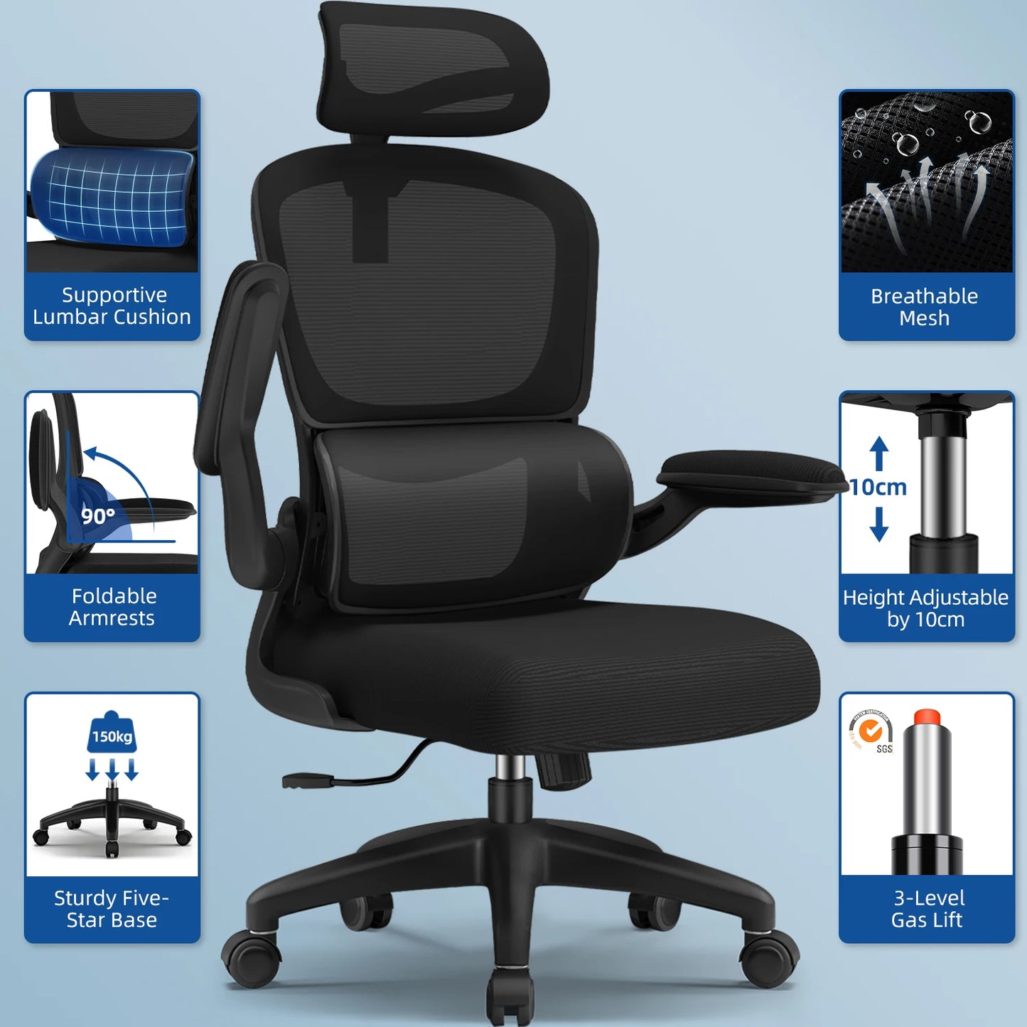 Daccormax office chair ergonomic, Desk chair, 150kg capacity, adjustable headrest and armrests, Computer chair with lumbar support