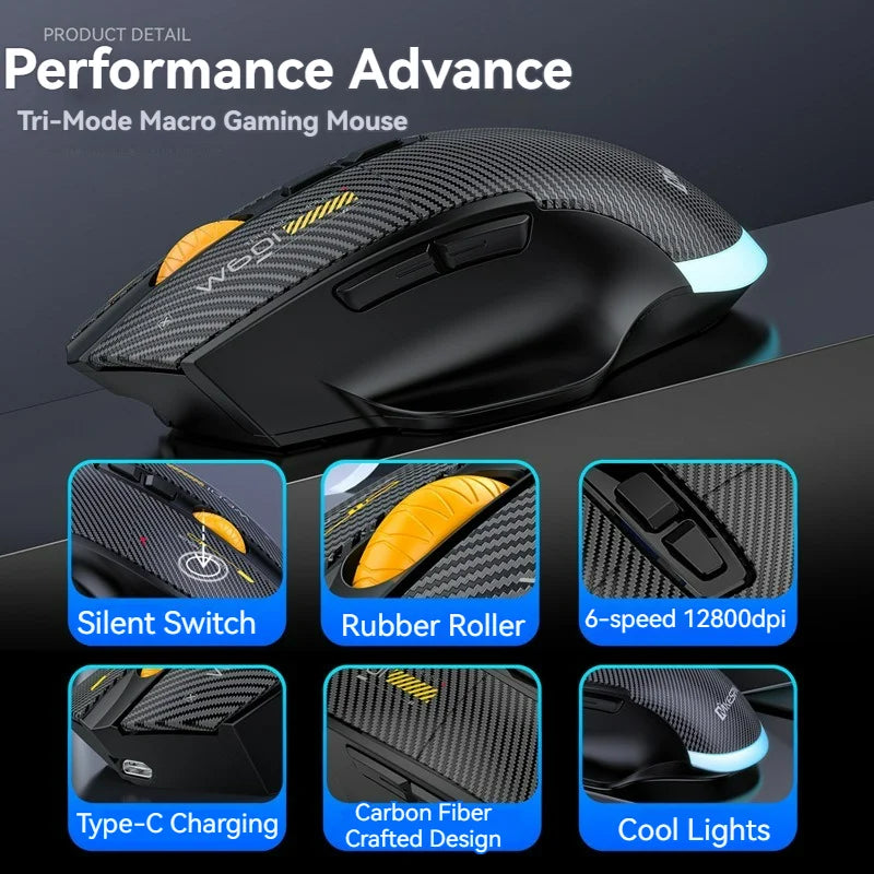 Mouse gaming tri-mode 12800DPI 2.4G Wireless Bluetooth cablato in fibra di carbonio, pulsante silenzioso, programmazione macro, 500mAh, 7 tasti