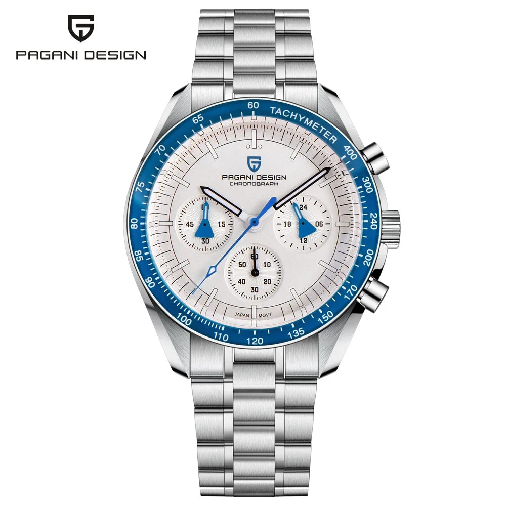 Montre pour homme PAGANI DESIGN « New Moon » – Montre à quartz de luxe, chronographe, verre saphir avec traitement antireflet, lunette en céramique, aiguilles luminescentes