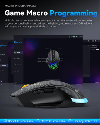 Mouse gaming tri-mode 12800DPI 2.4G Wireless Bluetooth cablato in fibra di carbonio, pulsante silenzioso, programmazione macro, 500mAh, 7 tasti