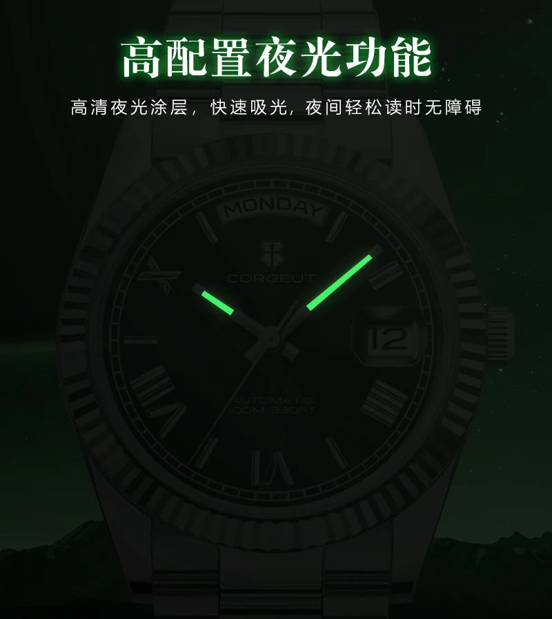 39mm Men Corgeut Logo/Name NH36 Automatic Mechanical Relogio Masculino Sapphire Glass Luminous Waterproof Wristwatch