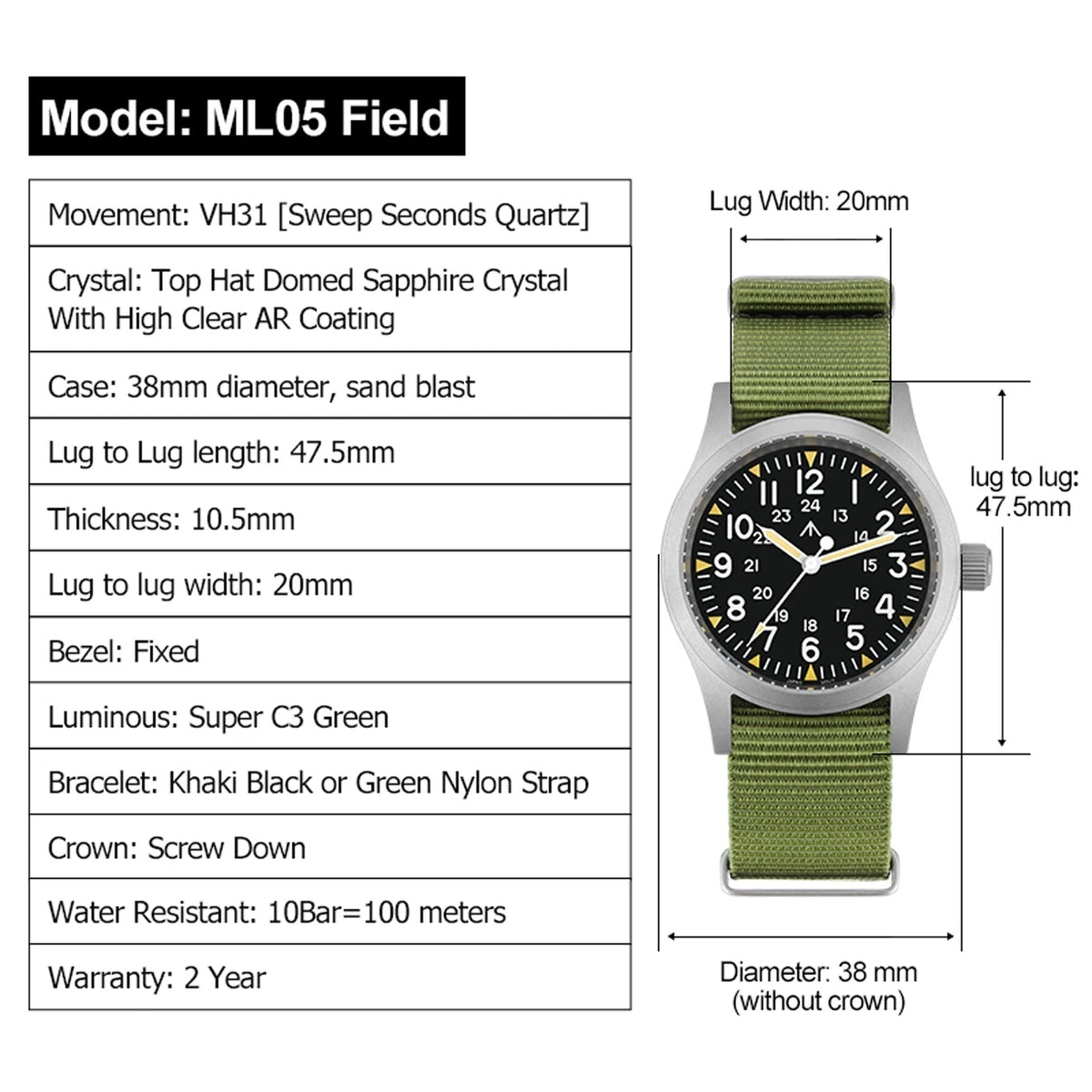 Militado ML05 38mm Vintage Watch VH31 Quartz Movement Field Watches Domed Sapphire Crystal With High Clear AR Coating Wristwatch