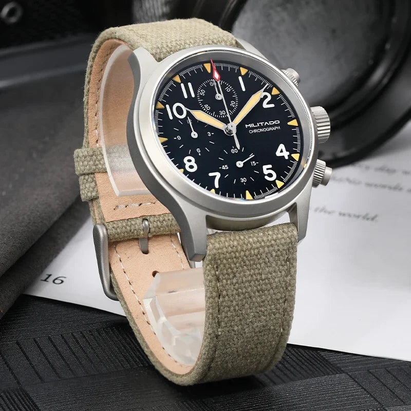 Reloj cronógrafo de cuarzo Militado VK61 VK67, 39 mm, caja de acero inoxidable 316L, 3 esferas, resistente al agua 100M, reloj militar multifunción