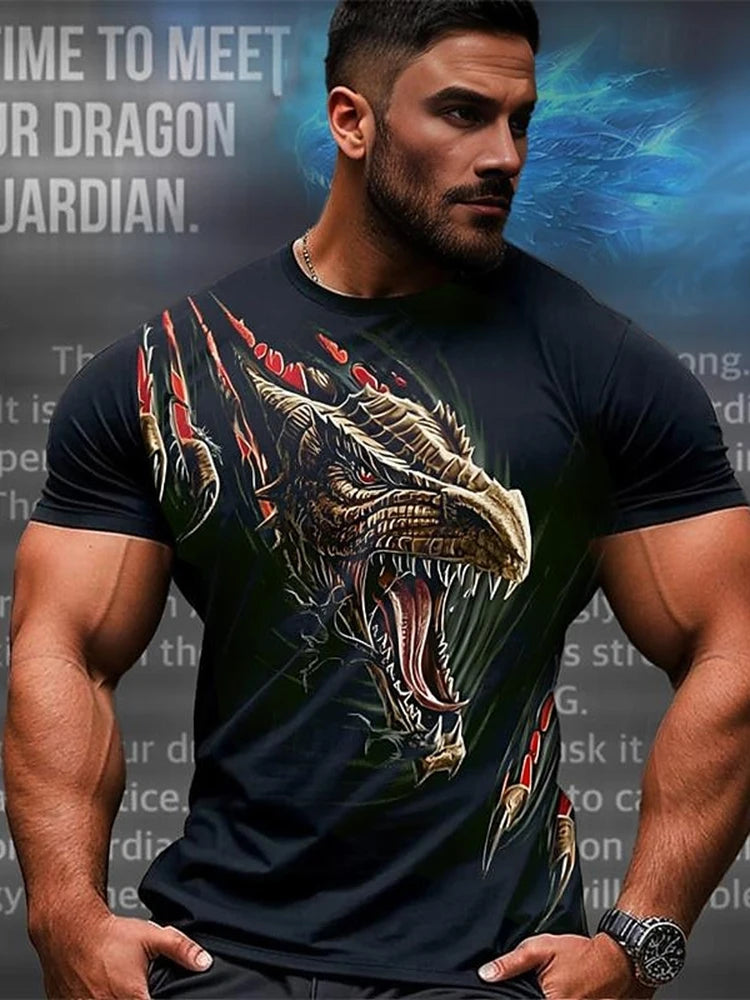 3D-Drachenprint Herren-T-Shirt – Sommerliches Freizeit-Streetwear-Shirt für Herren, Outdoor-Sport, Kurzarm, Urban Fashion