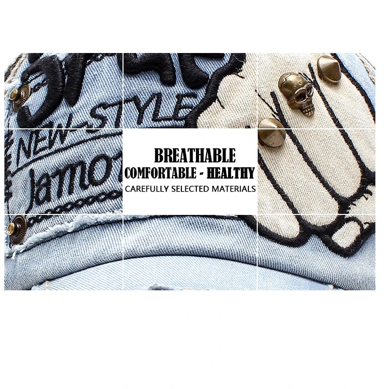 Boné de Basebol de Moda para Desporto e Ar Livre, Boné Casual de Sol, Gorras Hip Hop, Tamanho Único Ajustável Unissexo, Patch de Punho com Rebites