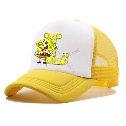 Spongebobs baseballkasket til børn og voksne – tegneseriefigur, bogstaver, mesh-kasket, kawaii, skygge, gul sommerkasket – til piger og drenge – tilbehør – gave