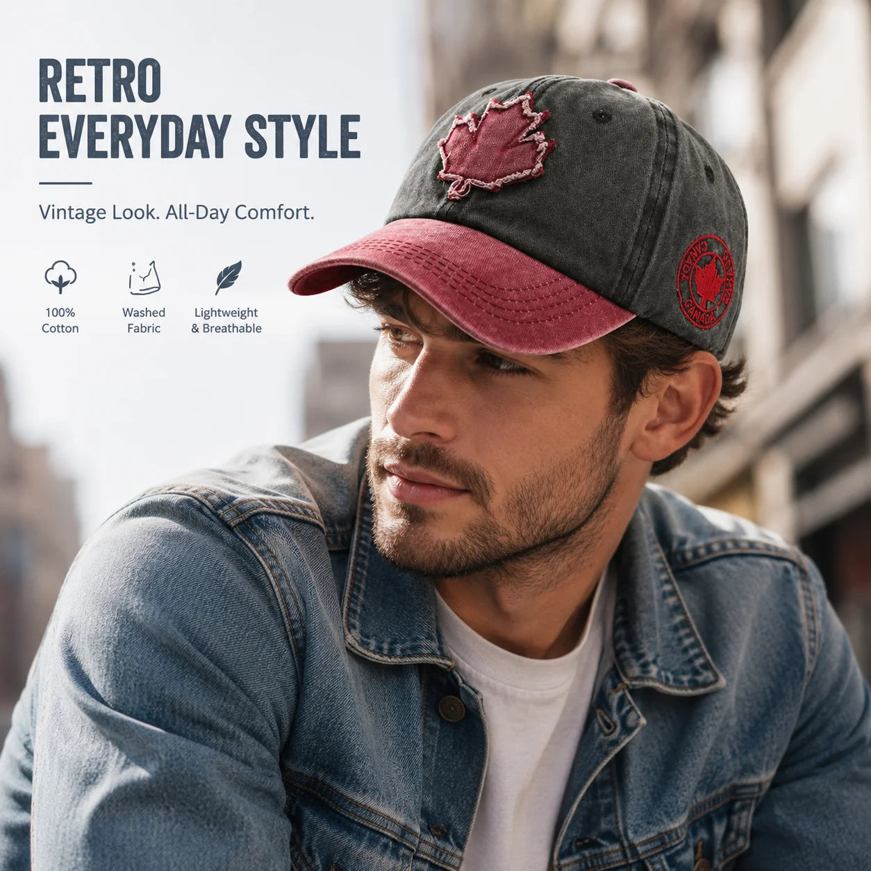 Casual Washed Denim Look Maple Leaf Patch Cap Adjustable Two Tone Outdoor Sport Baseball Hat for Daily Wear